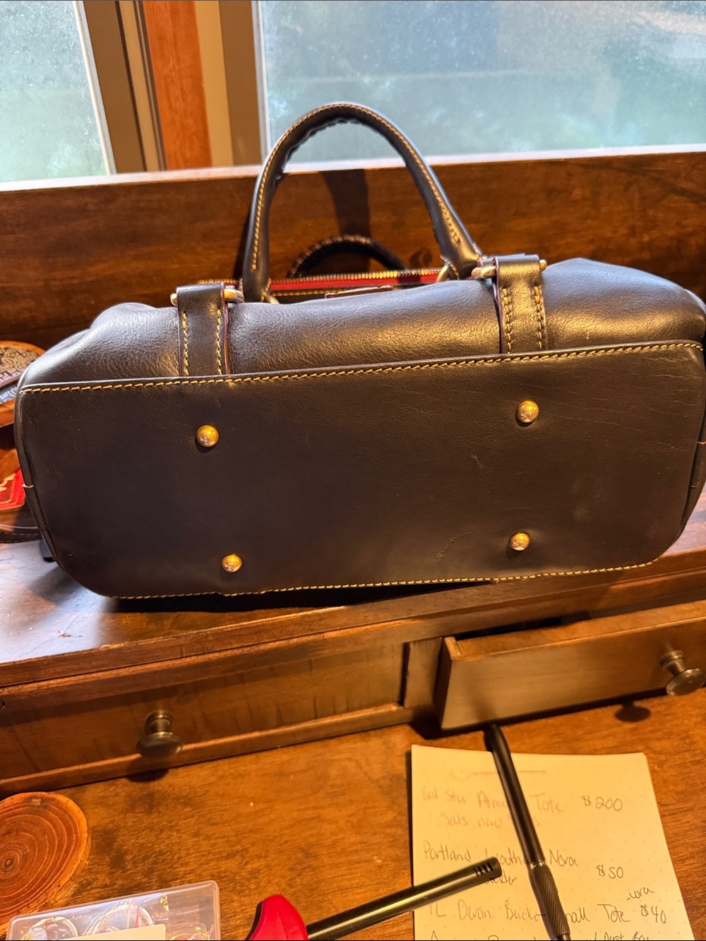 Dooney & Bourke Navy Leather Satchel with Red and Green Zipper Trim - Picture 3 of 7